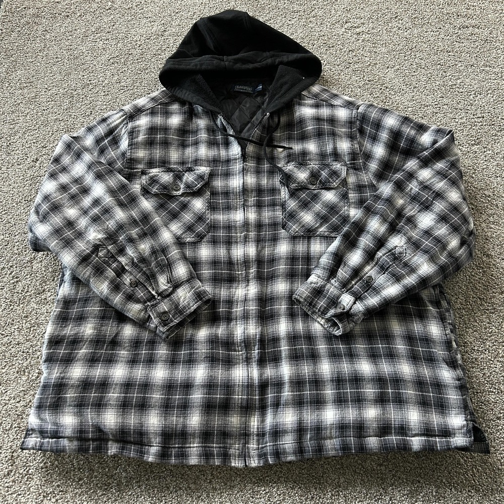 Faded Glory Jacket Mens 3XL Gray Plaid Flannel Hooded Insulated Zip Winter